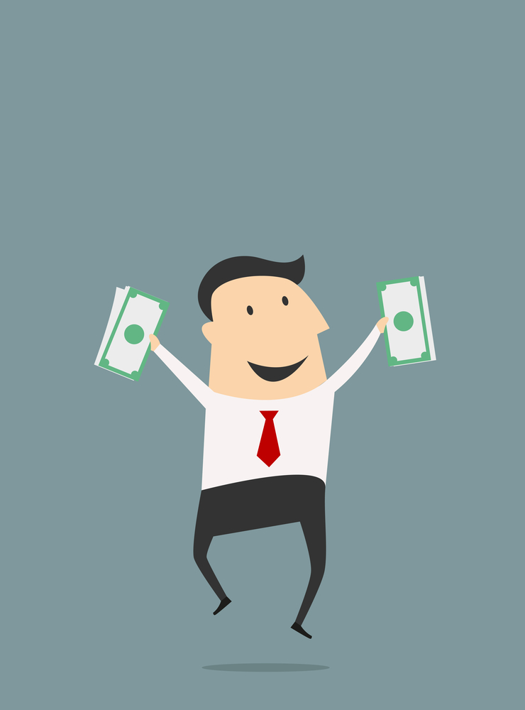 Funny cartoon businessman jumping with dollars packs. Flat vector concept