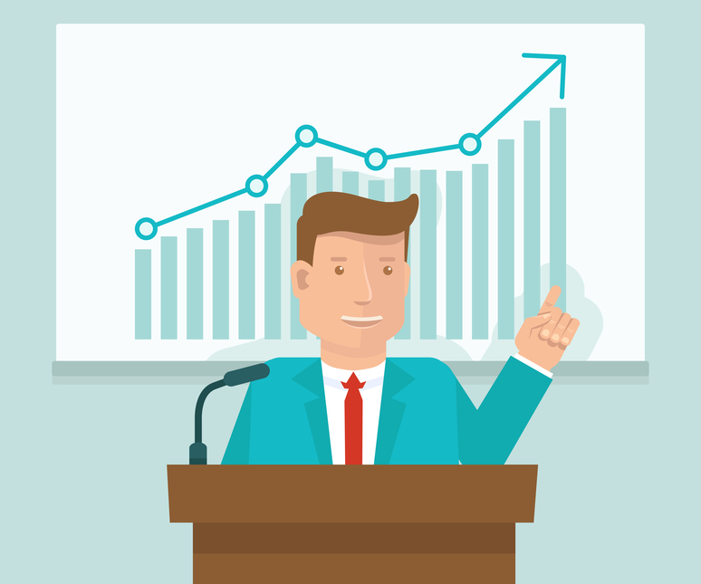 Vector business conference concept in flat style - man speaking in front of presentation screen with graph