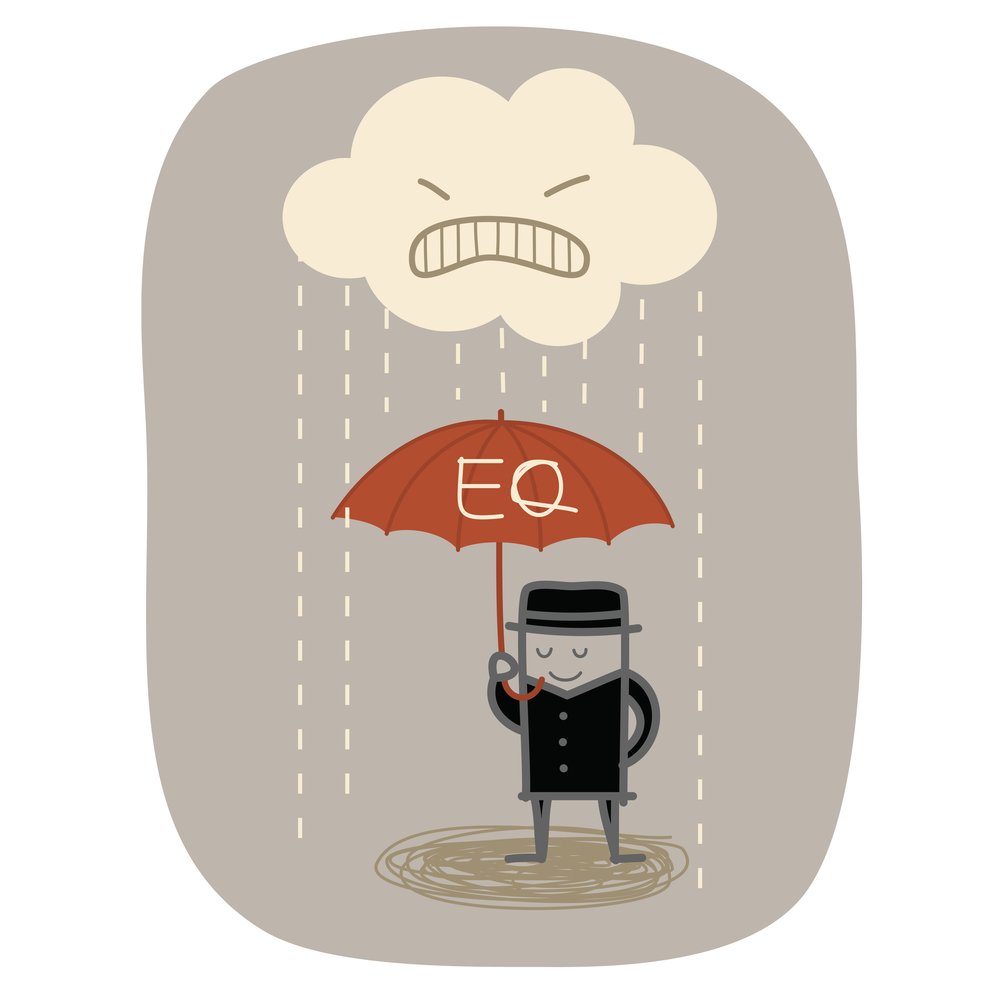 businessman use EQ umbrella to protect from angry rain