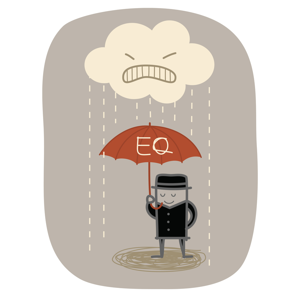 businessman use EQ umbrella to protect from angry rain businessman use EQ umbrella to protect from angry rain