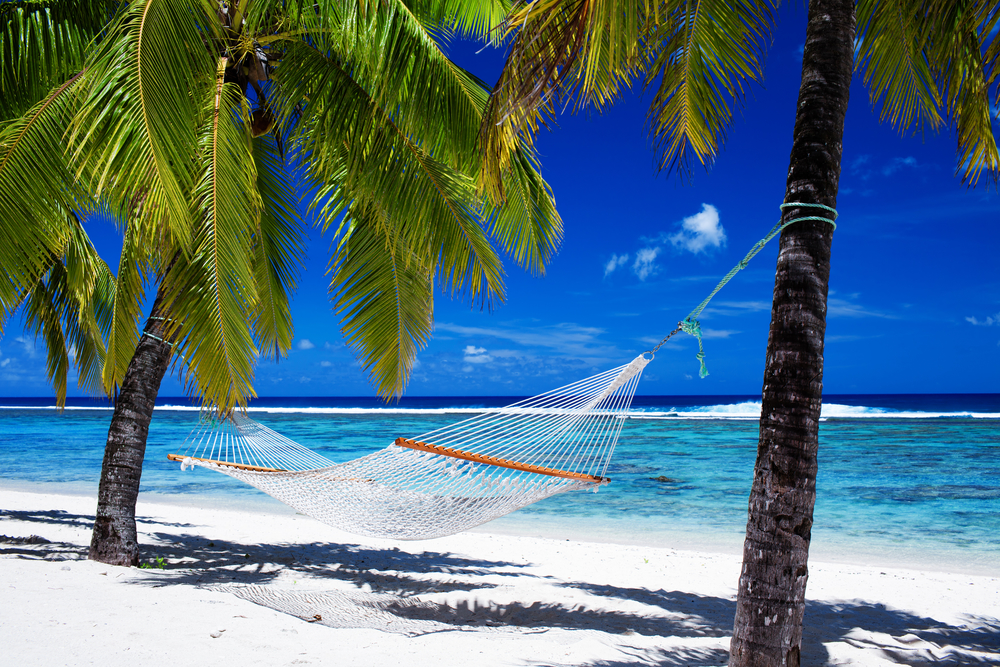 Empty hammock between palm trees on tropical beach