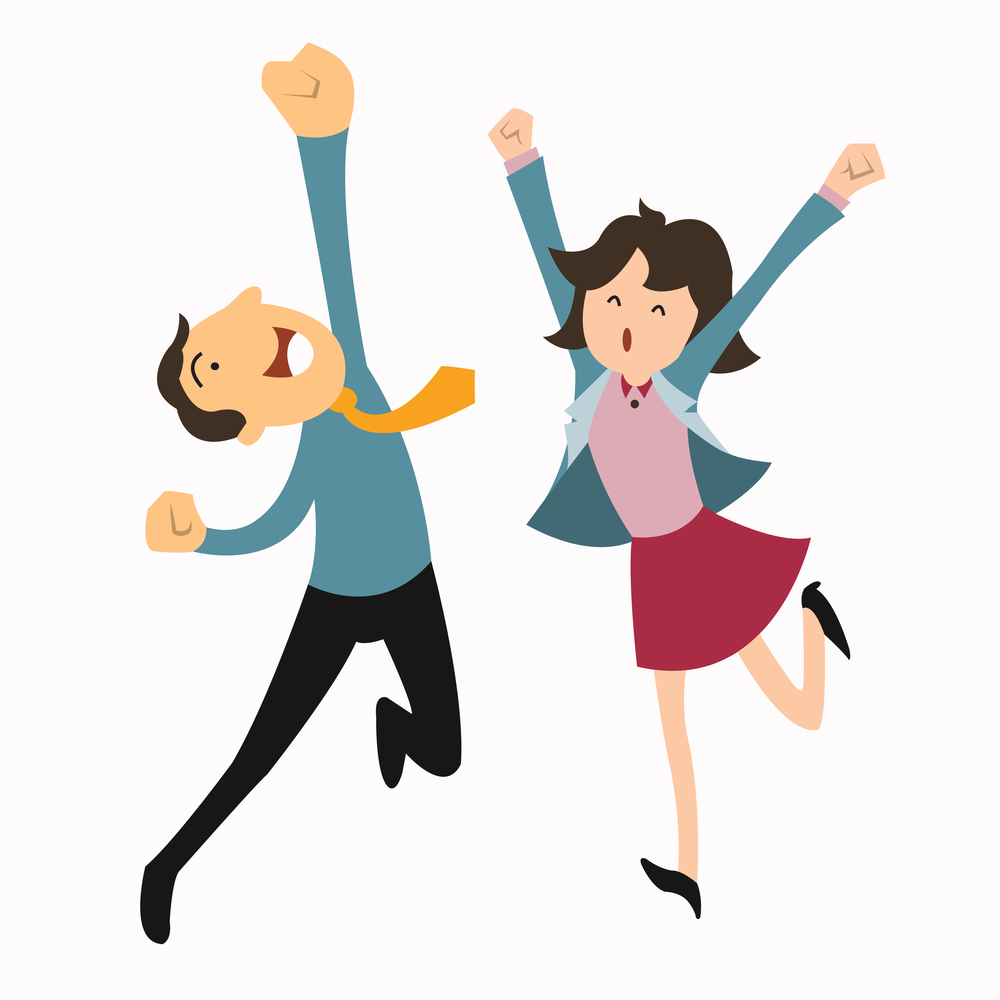 Happy business man and woman jumping in the air cheerfully. Feeling and emotion concept.
