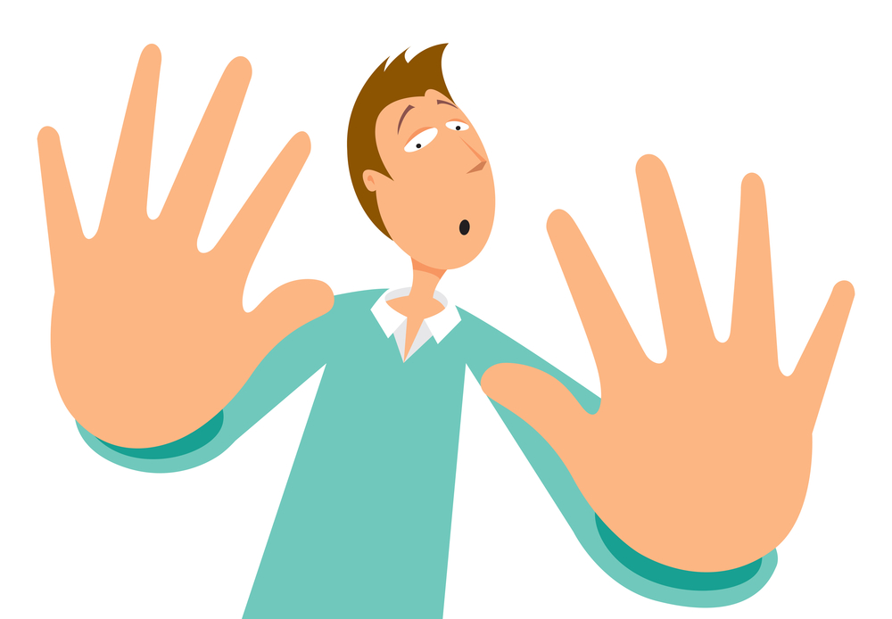 Cartoon illustration of scared man rejecting with his hands
