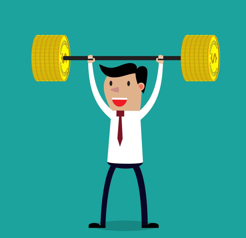 Business executive power lifting barbell made of golden coin.  Vector illustration for business financial strength and financial health metaphor.