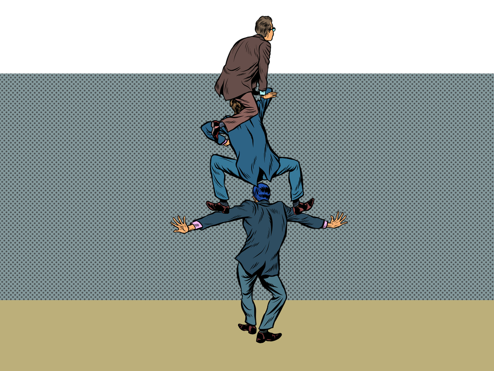 businessman climbs over the wall businessman climbs over the wall. Pop art retro vector illustration kitsch vintage 50s 60s style