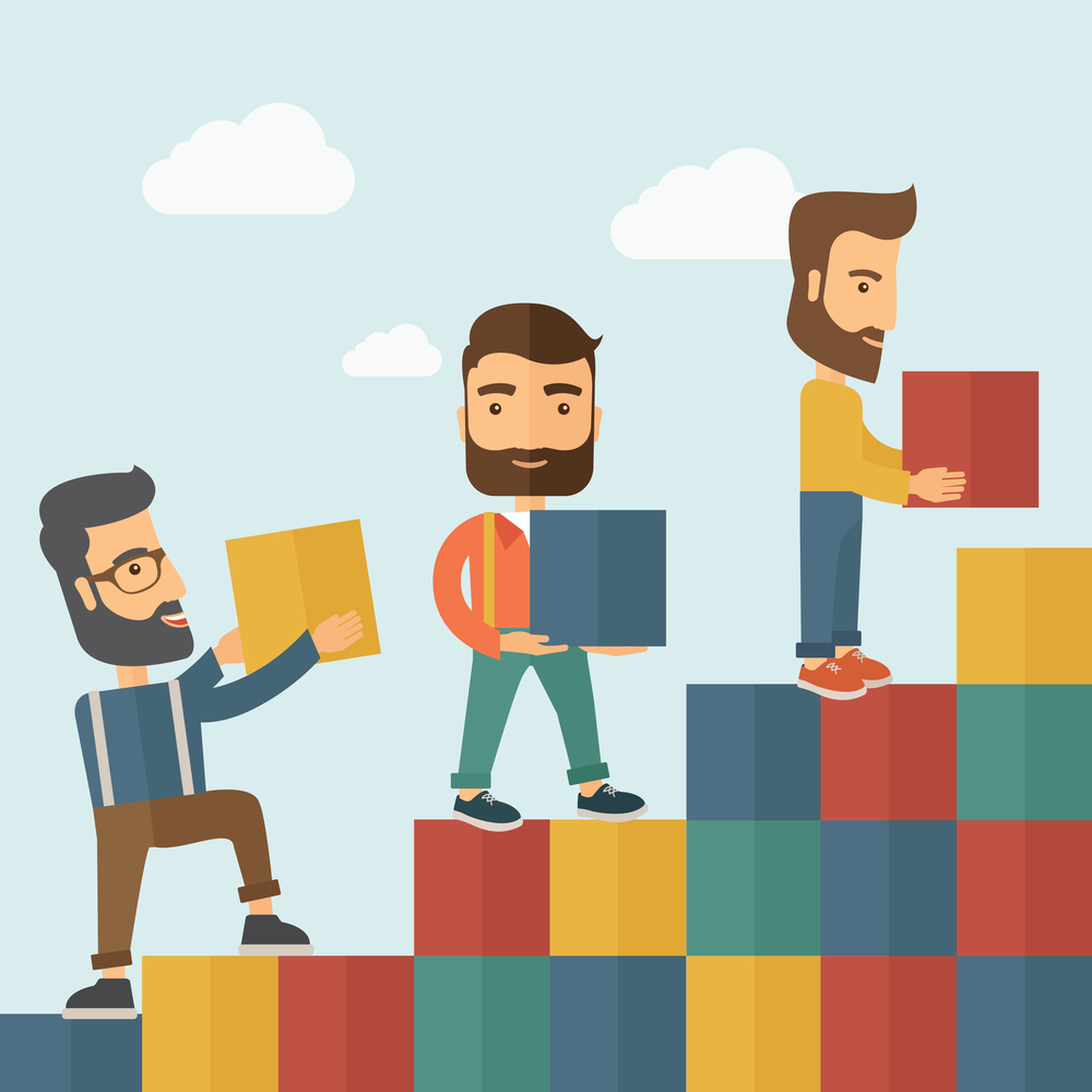 Three hipster Caucasian men with beard carrying blocks putting one by one going up as a sign of increasing sales. Team building concept.  A contemporary style with pastel palette soft blue tinted background with desaturated clouds. Vector flat design illustration. Square layout.