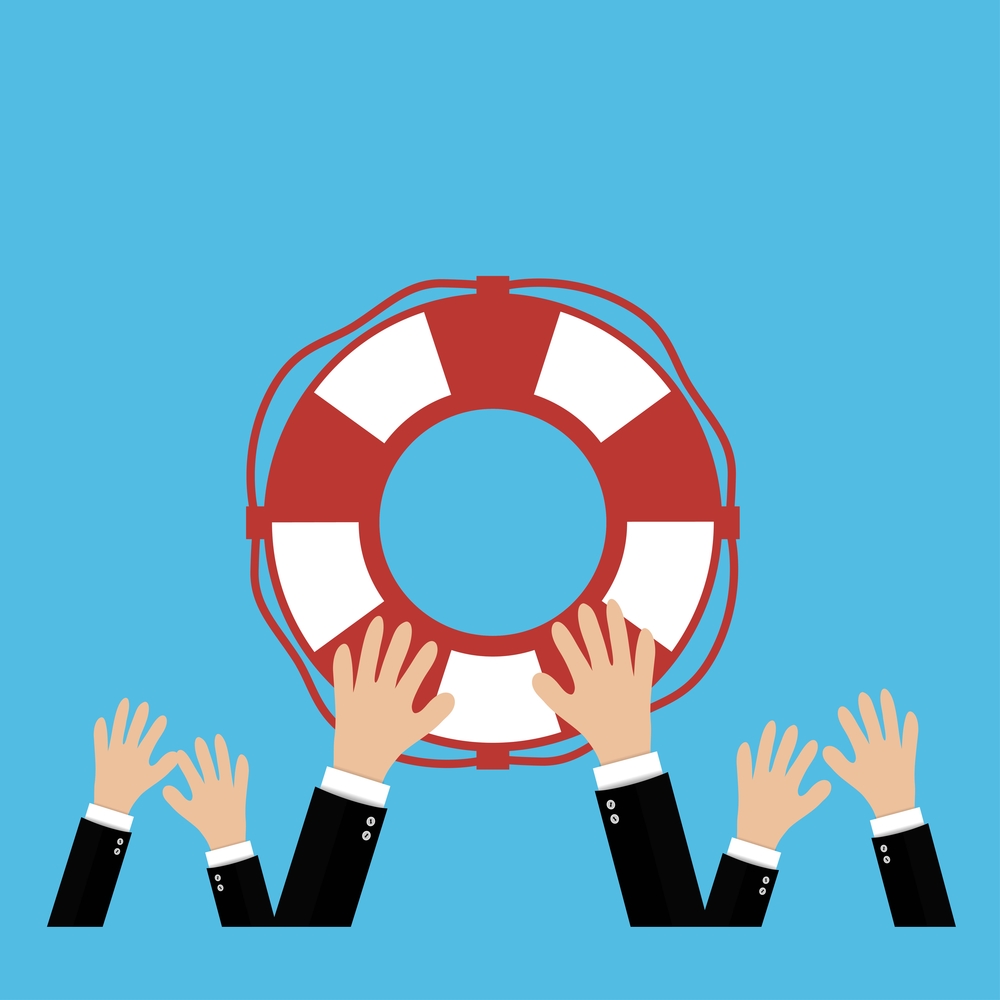 Helping Business to survive. Drowning businessman lifebuoy from another Helping Business to survive. Drowning businessman lifebuoy from another