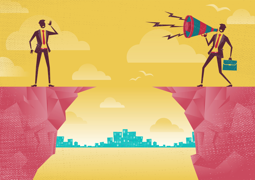 Businessmen communicating from distance. Great illustration of Retro styled Businessman standing on the cliffs shouting at the top of his voice through a loudspeaker megaphone to his colleague who is trying to hear him.