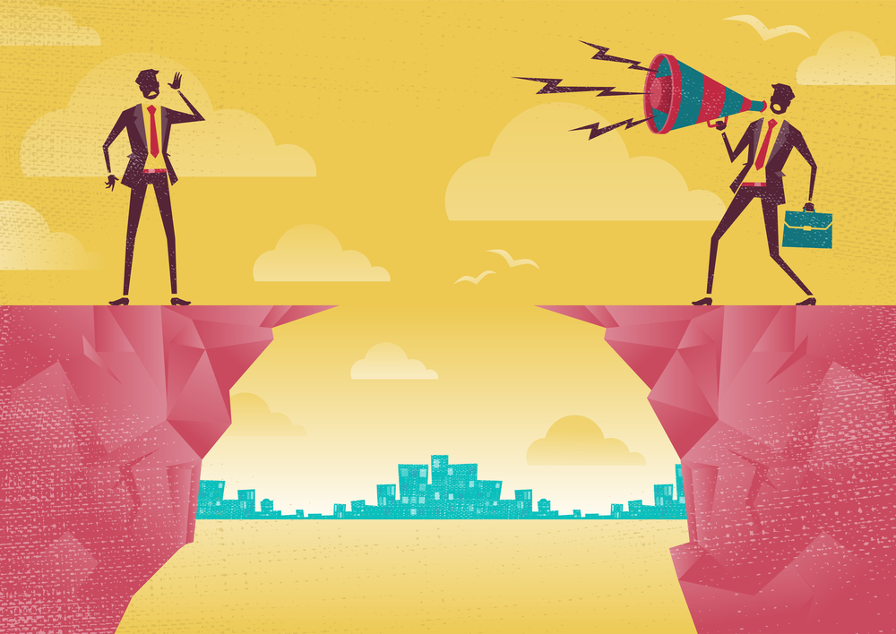 Businessmen communicating from distance. Great illustration of Retro styled Businessman standing on the cliffs shouting at the top of his voice through a loudspeaker megaphone to his colleague who is trying to hear him.