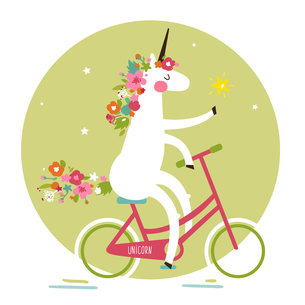 Cute unicorn on a bicycle with a mane of flowers Cute vector illustration of a unicorn on a bicycle in the stars