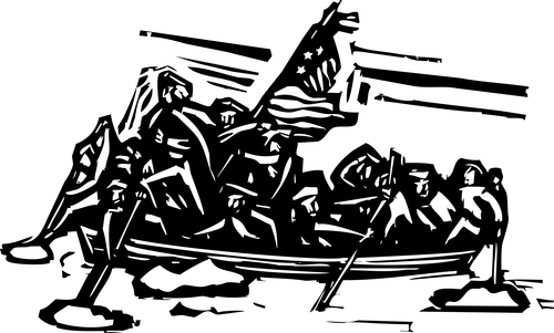 Woodcut style representation of George Washington crossing the Delaware river.