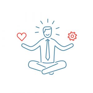Vector stress management skills icon with meditating businessman balancing work and personal life | modern flat design soft skills linear illustration and infographic red and blue on white background