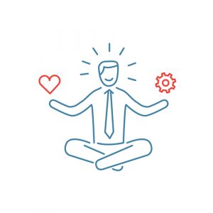 Vector stress management skills icon with meditating businessman Vector stress management skills icon with meditating businessman balancing work and personal life | modern flat design soft skills linear illustration and infographic red and blue on white background
