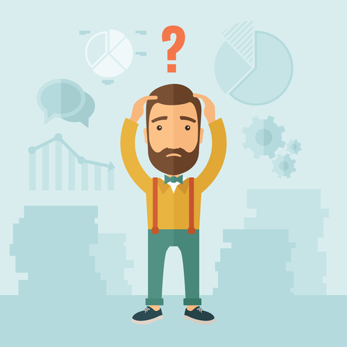 The man with a beard with lots of plans is confused and put hands on the head. The concept of confusion. Vector flat design illustration.