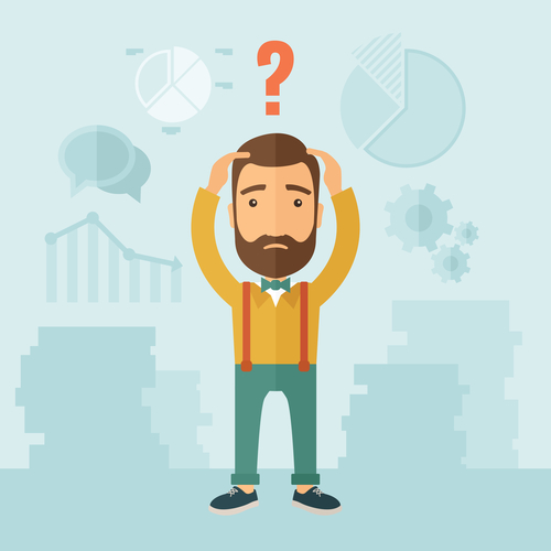 Confused Man. The man with a beard with lots of plans is confused and put hands on the head. The concept of confusion. Vector flat design illustration.