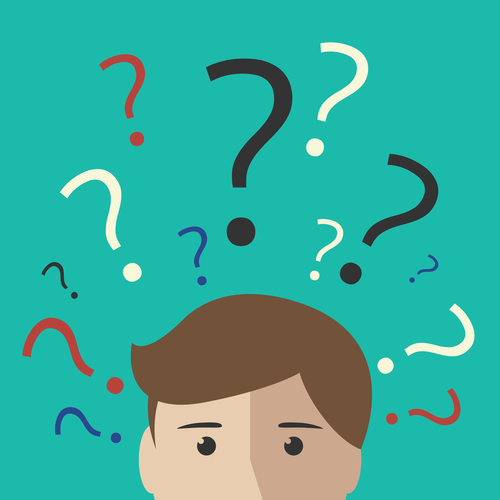 Many multicolor question marks above the head of young man or boy. Making decision, thinking, uncertainty, learning concept. EPS 10 vector illustration, no transparency