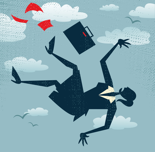 Vector illustration of Retro styled Businessman is in Free fall as her career takes a fall.