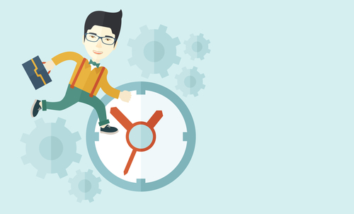 A japanese worker with briefcase is late to Work with a clock symbol. A contemporary style with pastel palette soft blue tinted background. Vector flat design illustration. Horizontal layout with text space in right side.