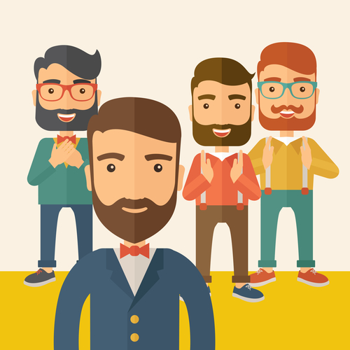 Team of four happy hipster Caucasian business people with beard, standing clapping their hands and smiling. Winner, teamwork concept. A contemporary style with pastel palette, beige tinted background. Vector flat design illustration. Square layout.