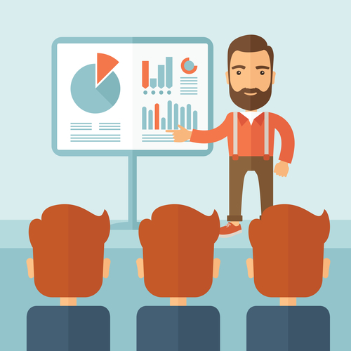 Business presentation. The man with a beard presenting his report through infographics in office. Reporting concept. Vector flat design illustration.