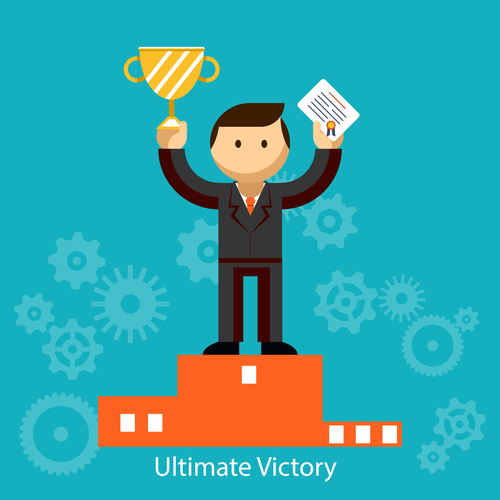 Businessman winner standing in first place on a podium holding up an award certificate and trophy as he celebrates his victory  vector illustration