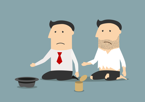 Bankrupt businessman and pauper begging money Bankruptcy, jobless, poverty or financial crisis theme. Cartoon jobless bankrupt businessman and pauper begging for money, job or food