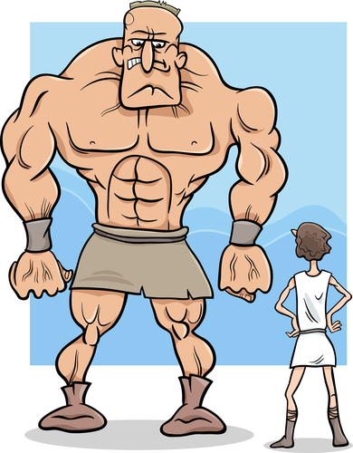 Cartoon Concept Illustration of David and Goliath Myth or Saying