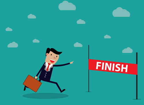 Businessman Run Cross Finish Line. vector illustration in flat design on green backgound.