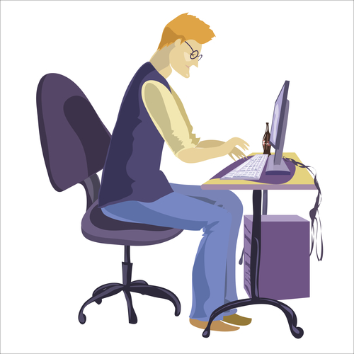 Programmer sitting in front of his computer and working. Cartoon vector flat illustration