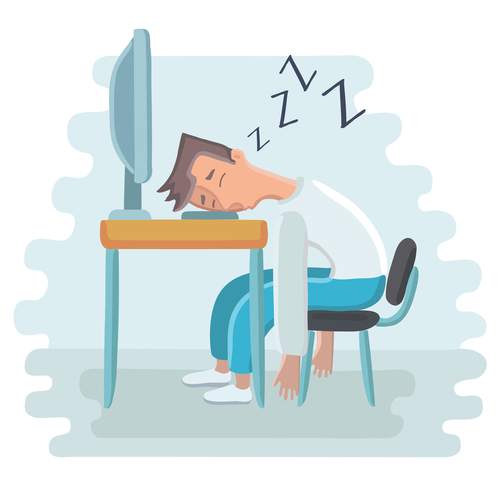 Tired employee sleeping at workplace on laptop keyboard. Vector flat design illustration in the circle isolated on background. Vector cartoon illustration of tired employee sleeping at workplace on laptop keyboard