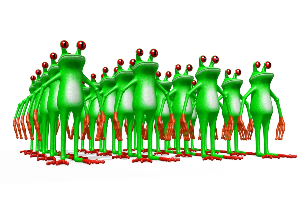 3D cartoon frogs on white background.