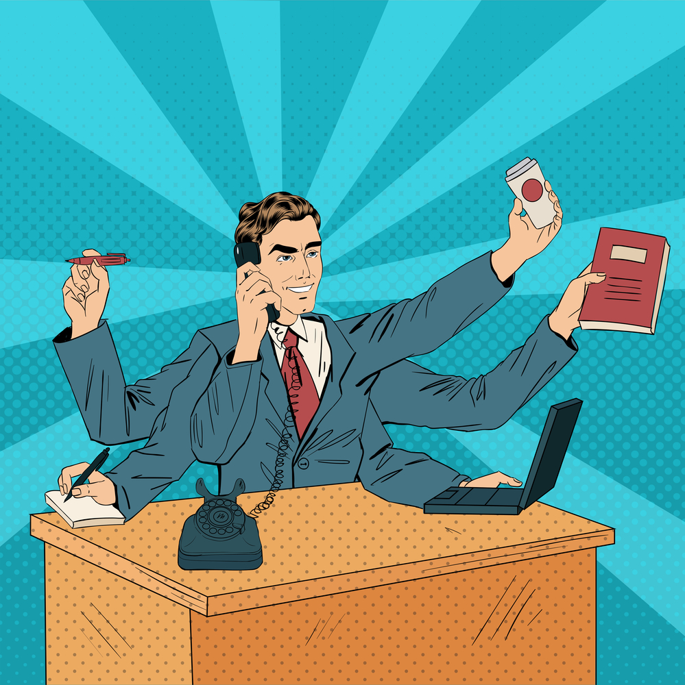 Business Superman Pop Art Banner. Man with Many Hands Doing a Lo Business Superman Pop Art Banner. Man with Many Hands Doing a Lot of Things. Vector illustration