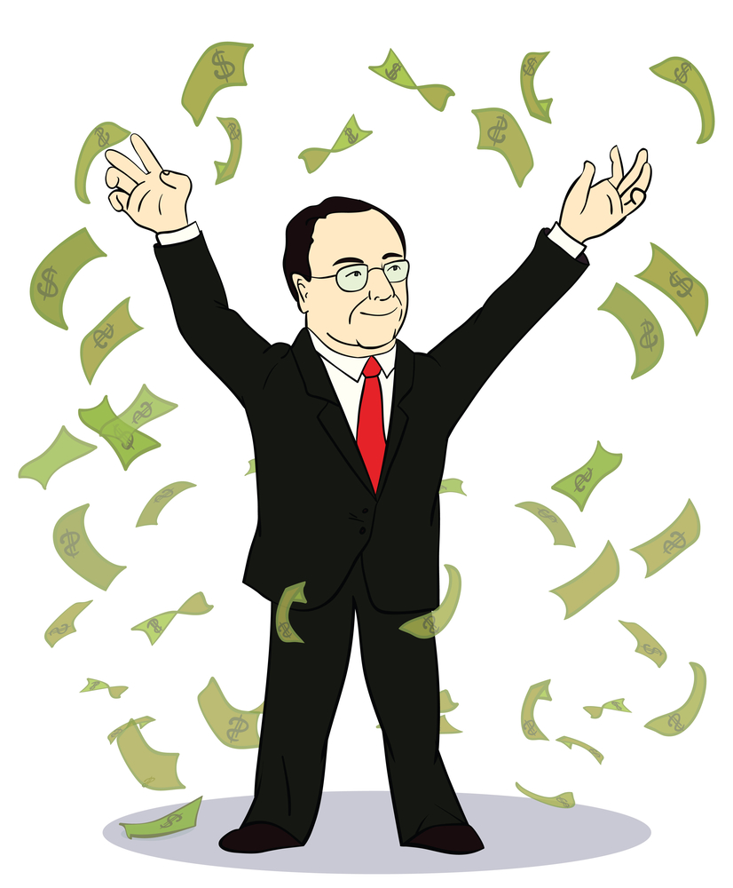 businessman throwing bank notes. Vector illustration of old rich businessman with money