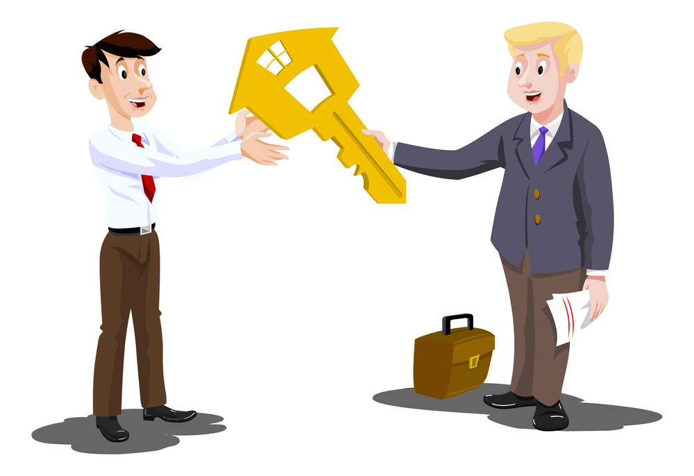 Man Buying a House, Real Estate Agent Handing Over the Key, vector illustration