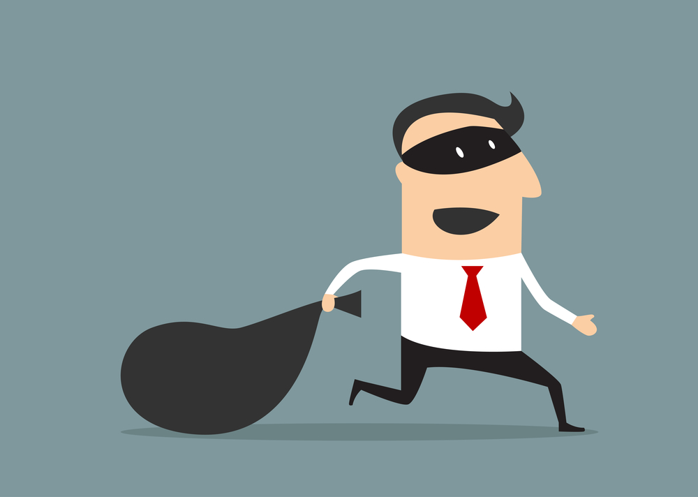 Cartoon thief businessman running with money bag, flat style