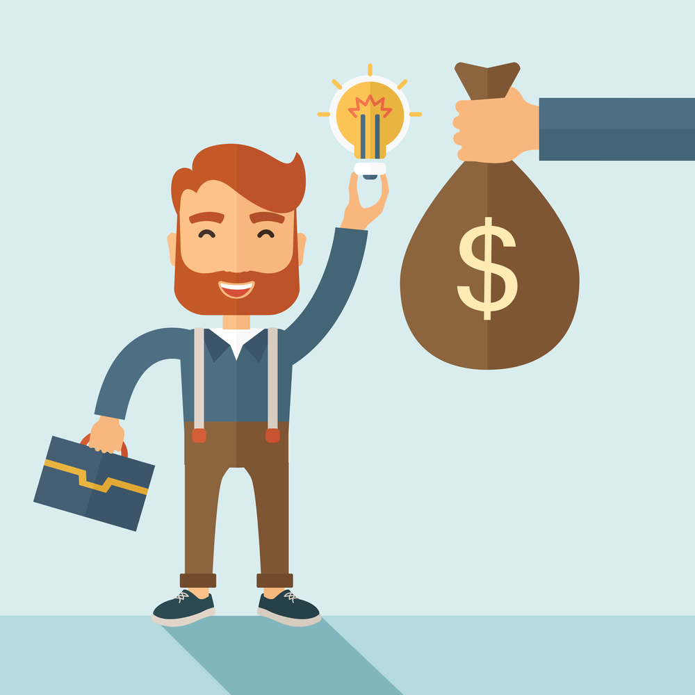 A hipster Caucasian businessman with beard exchange his hand with idea bulb to hand of money bag. Exchanging concept. A contemporary style with pastel palette soft blue tinted background. Vector flat design illustration. Square layout with text space on right lower part.