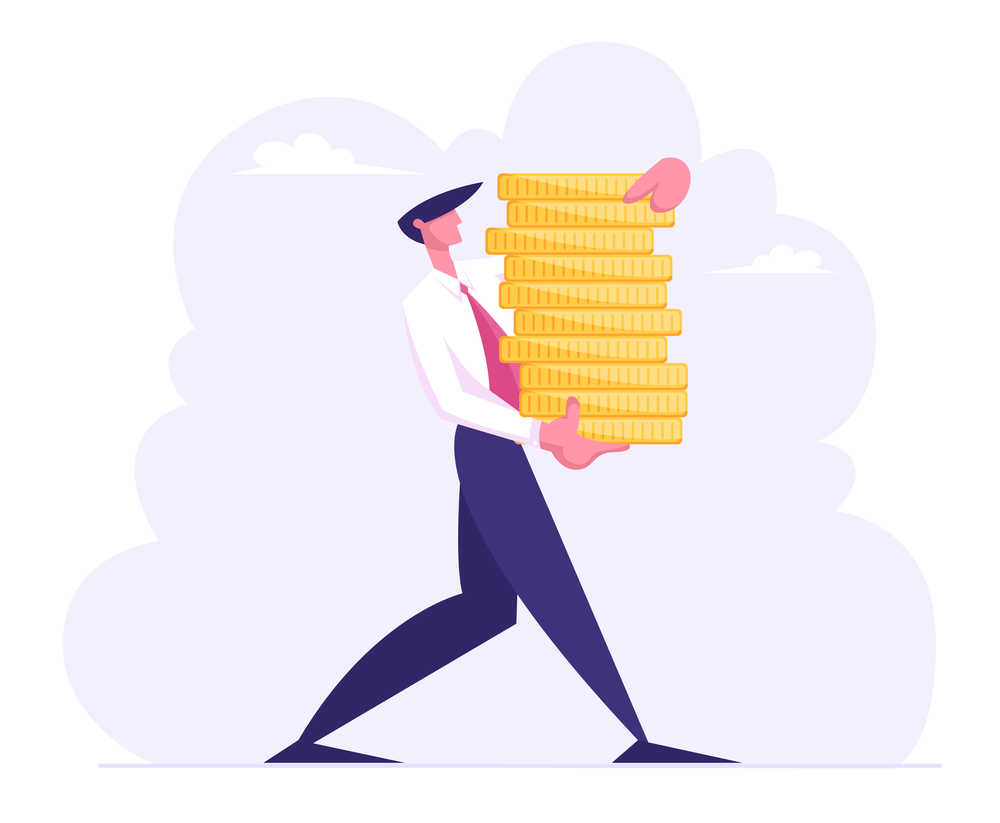 Successful Business Man Carry Stack of Gold Coins, Character with Money Cash. Financial Profit Salary Wealth Concept. Rich Businessman Making Saving Increasing Capital Cartoon Flat Vector Illustration