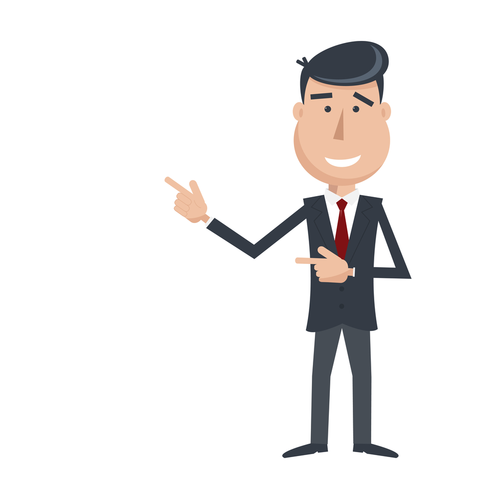 Funny man in suit and tie, gesturing with his hands. Cartoon businessman. Simple flat vector. EPS 10.