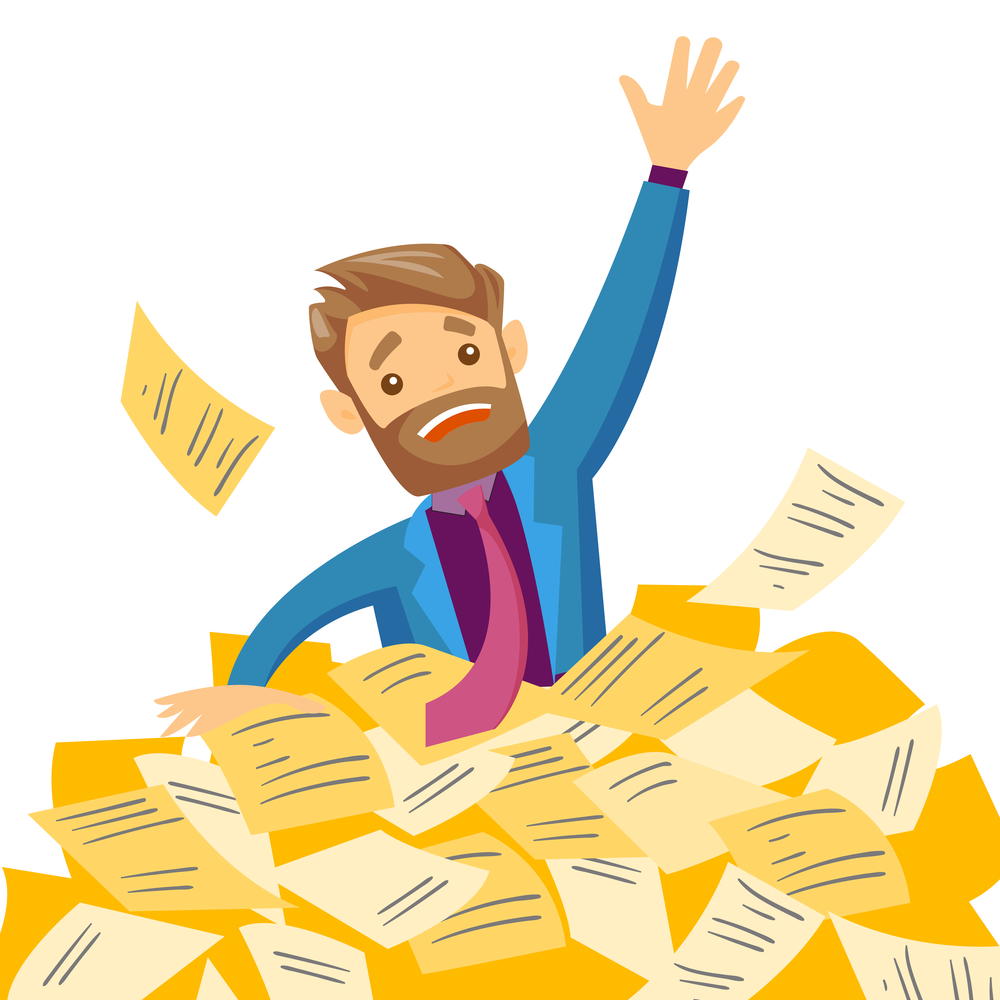 Stressed businessman sinking in the heap of papers Young overworked caucasian white business man sinking in the heap of papers. Stressed businessman having a lot of paperwork. Paperwork concept. Vector cartoon illustration isolated on white background