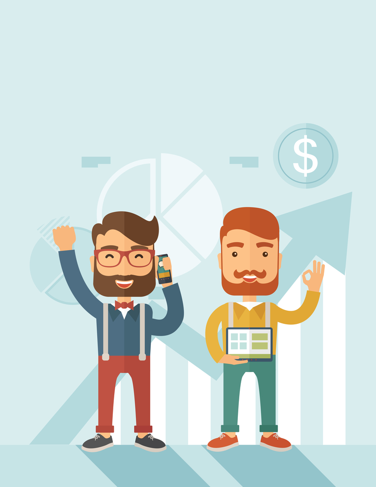 Two hipster Caucasian employees with beard standing happy for the certicate award they received. Winner, happy concept. A contemporary style with pastel palette soft blue tinted background. Vector flat design illustration. Vertical layout with text space on top part.