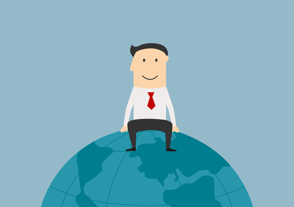 Global market, international business and successful people theme. Cartoon successful joyful businessman sitting on the top of the world