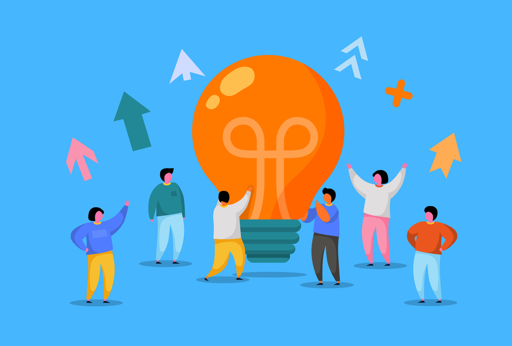 Flat People with Big Light Bulb Idea. Innovation, Brainstorming, Creativity Concept. Characters Working Together on new Project. New idea or Startup. Vector illustration