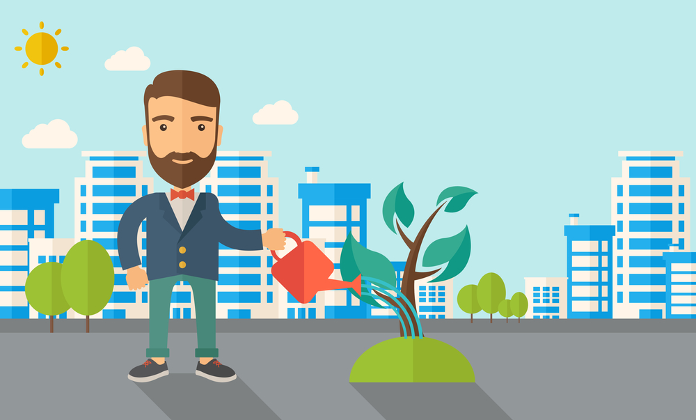 Man watering the plant. A man watering the growing plant as improving economy. A Contemporary style with pastel palette, soft blue tinted background with desaturated clouds. Vector flat design illustration. Horizontal layout.