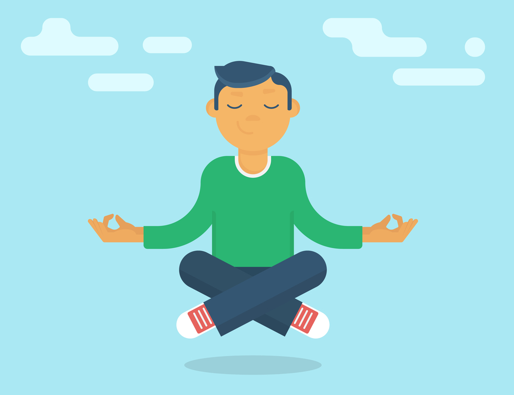 Calm guy meditating in the sky. Flat modern style