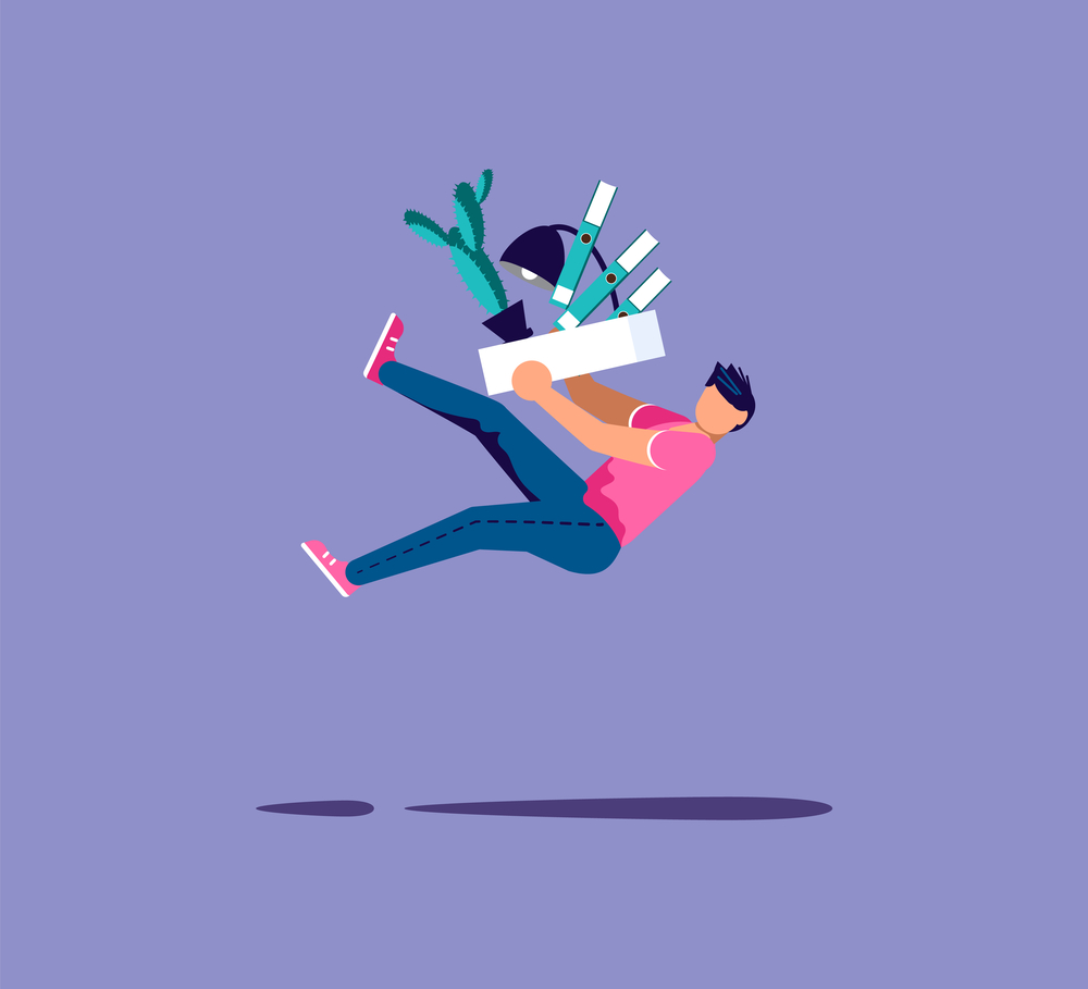 Fired man falling off with box with his things. Metaphor for staff reductions and layoffs. Isolated on purple. Flat Art Vector Illustration