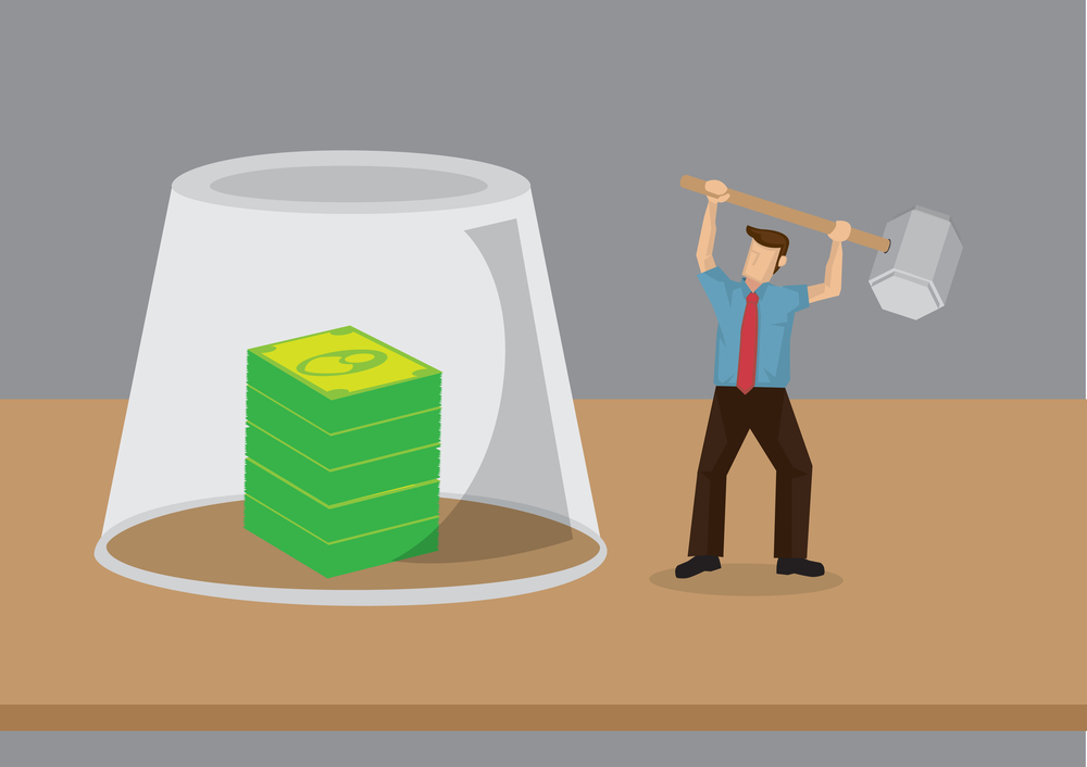 Vector illustration of a tiny cartoon man raising a mallet to break the glass barrier between him and the stake of money.