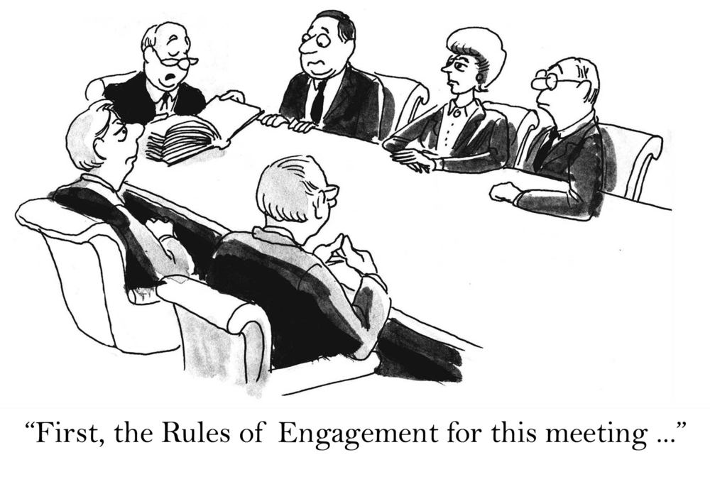 The team must follow many rules "First the rules of engagement for this meeting ..."