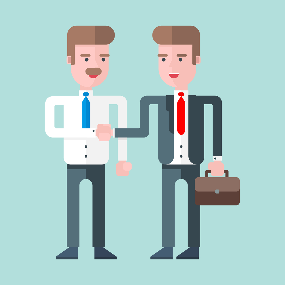 Two businessmen shaking hands. Flat vector illustration. Blue background