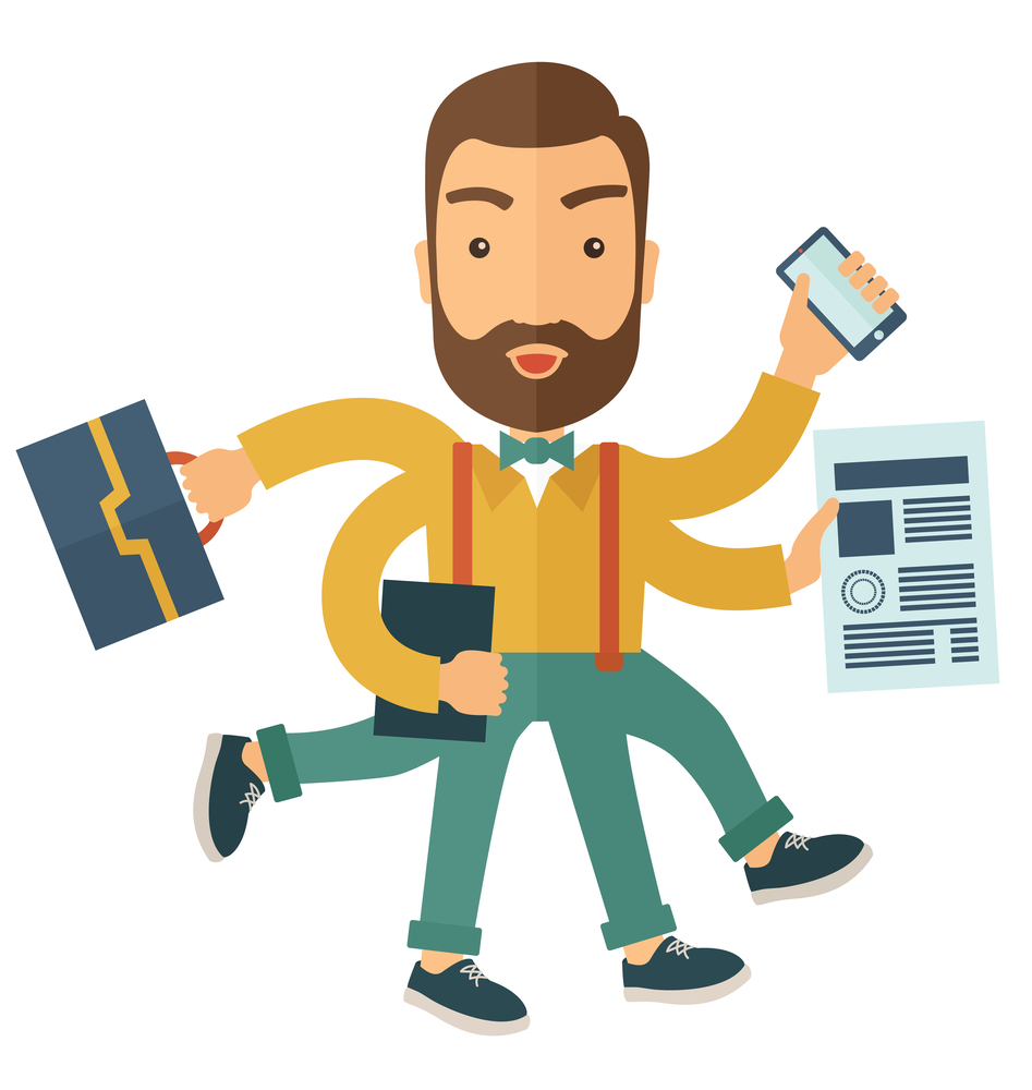 A multitasking job is a man with many hands with successful planning elements, can handle many paper works. Time management concept. A Contemporary style. Vector flat design illustration with isolated white background. Square layout.