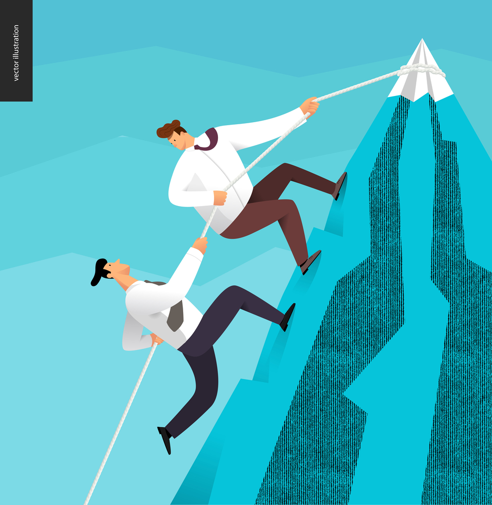 Climbing, business partnership concept - two business people rising the mountain, helping to each other.